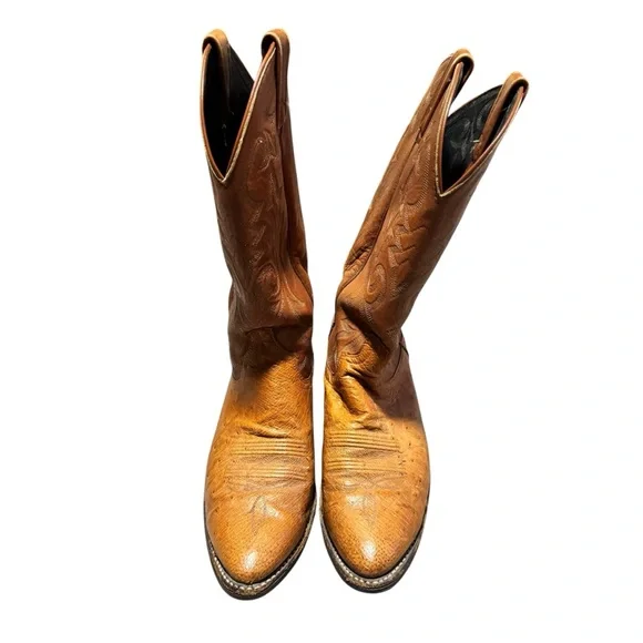 Dan Post Vintage Leather Ostrich Cowboy Boots Western Riding Tan Men's Size 8 D